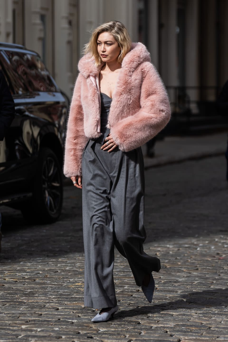 new york, new york march 26 gigi hadid is seen during a photo shoot for maybelline in soho on march 26, 2024 in new york city photo by gothamgc images