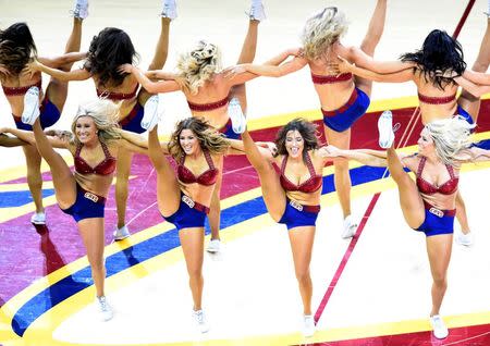 Jun 16, 2015; Cleveland, OH, USA; Cleveland Cavaliers cheerleaders perform during the second quarter of game six of the NBA Finals against the Golden State Warriors at Quicken Loans Arena. Mandatory Credit: Ken Blaze-USA TODAY Sports