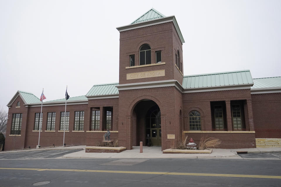 The Anoka fire and police department is pictured Saturday, Feb. 3, 2024, in Anoka, Minn. Hundreds of U.S. communities have enacted “crime-free” laws that encourage and allow landlords to evict tenants after repeated calls to police or for emergency services. Proponents say the laws help reduce crime, but the U.S. Department of Justice last year found that the Minneapolis suburb used its ordinance to illegally discriminate against people with mental illnesses (AP Photo/Abbie Parr)