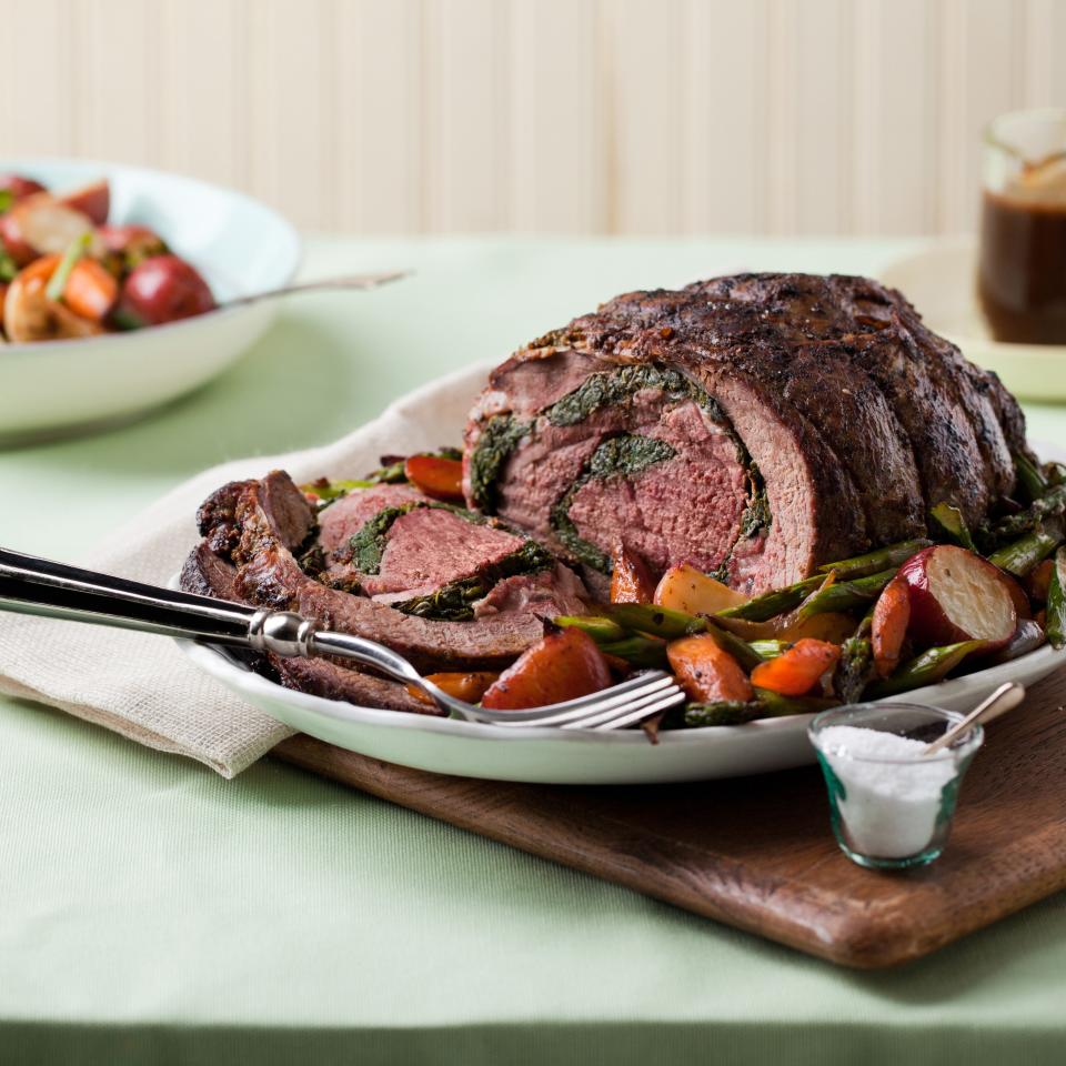 Arugula-Stuffed Leg of Lamb with Roasted Spring Vegetables