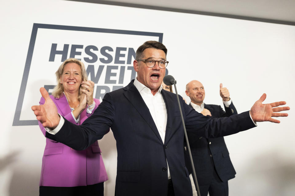 Boris Rhein, top candidate of the CDU and Minister President of Hesse, celebrates at the CDU election party, in Wiesbaden, Germany, Sunday, Oct. 8, 2023. Germany's center-right opposition was set to win two state elections on Sunday at the halfway mark of Chancellor Olaf Scholz's unpopular national government, according to exit polls, which showed gains for a far-right party. (Lando Hass/dpa via AP)