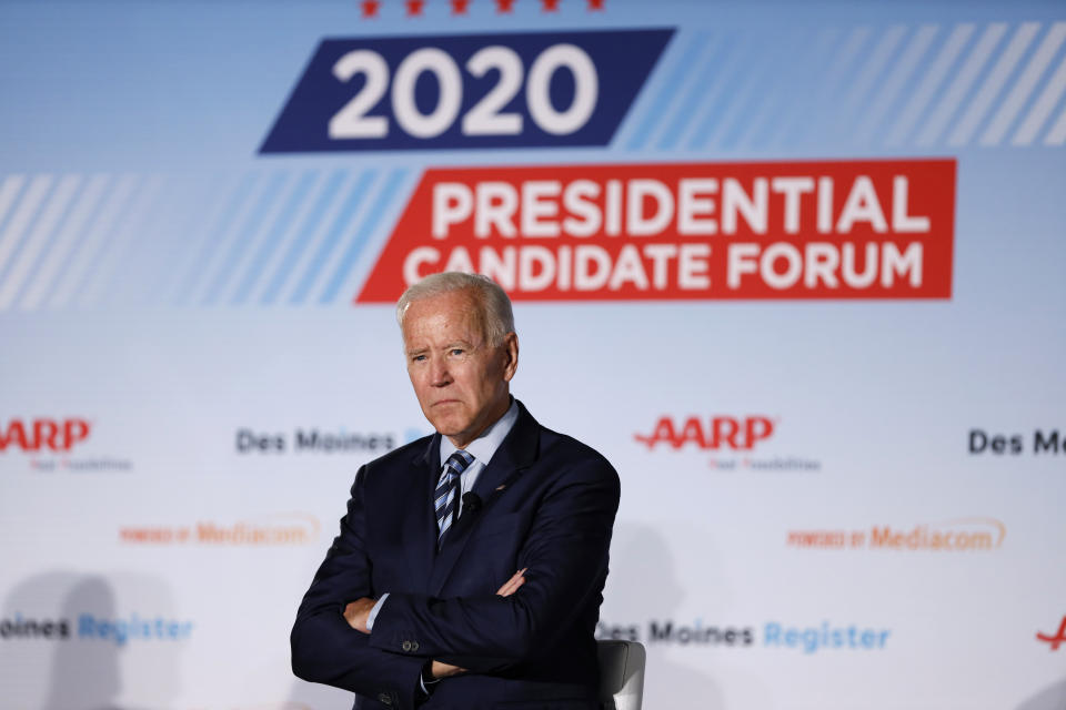 Former Vice President and Democratic presidential candidate Joe Biden speaks during a presidential candidates forum sponsored by AARP and The Des Moines Register, Monday, July 15, 2019, in Des Moines, Iowa. (AP Photo/Charlie Neibergall)