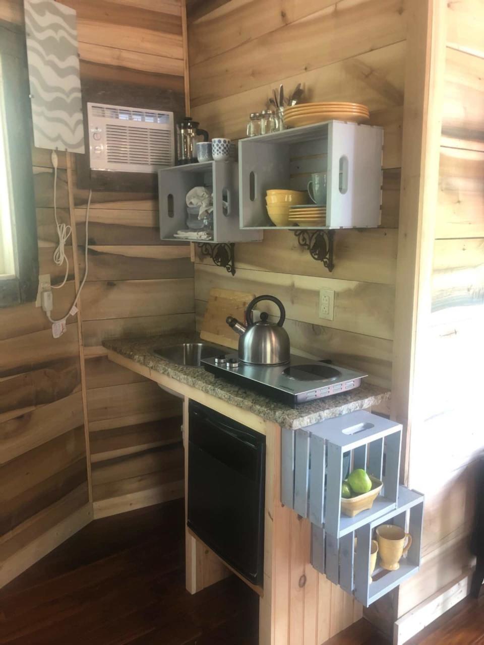 The kitchen area in Eli's Treehouse, North Carolina.