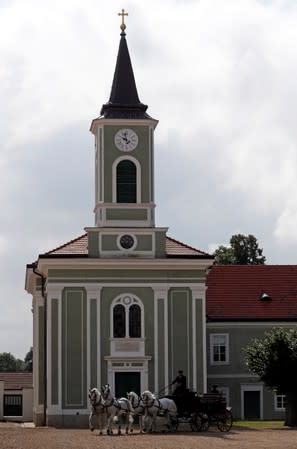 An employee of The National Stud Kladruby nad Labem rides a carriage in the town of Kladruby nad Labem