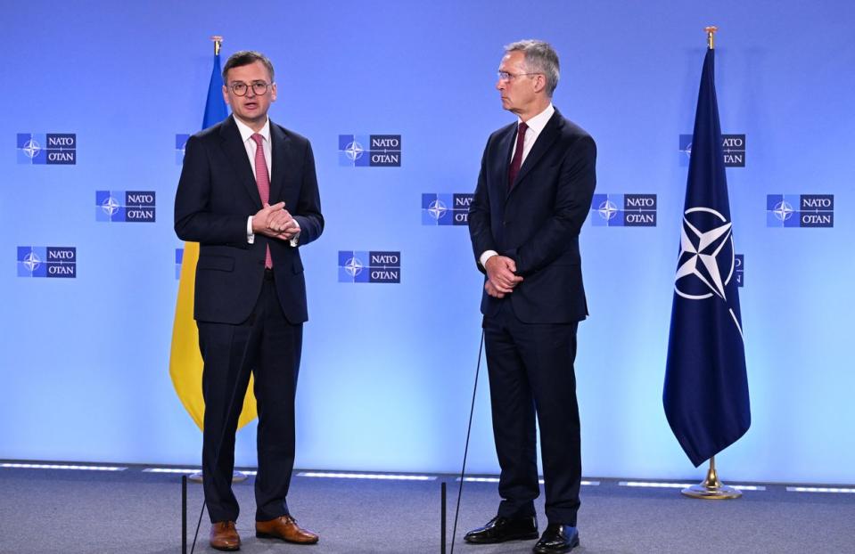 Ukrainian Foreign Minister Dmytro Kuleba and NATO Secretary General Jens Stoltenberg hold joint press statement during the meeting of NATO Ministers of Foreign Affairs at the NATO Headquarters in Brussels, Belgium on Nov. 29, 2023. (Dursun Aydemir/Anadolu via Getty Images)