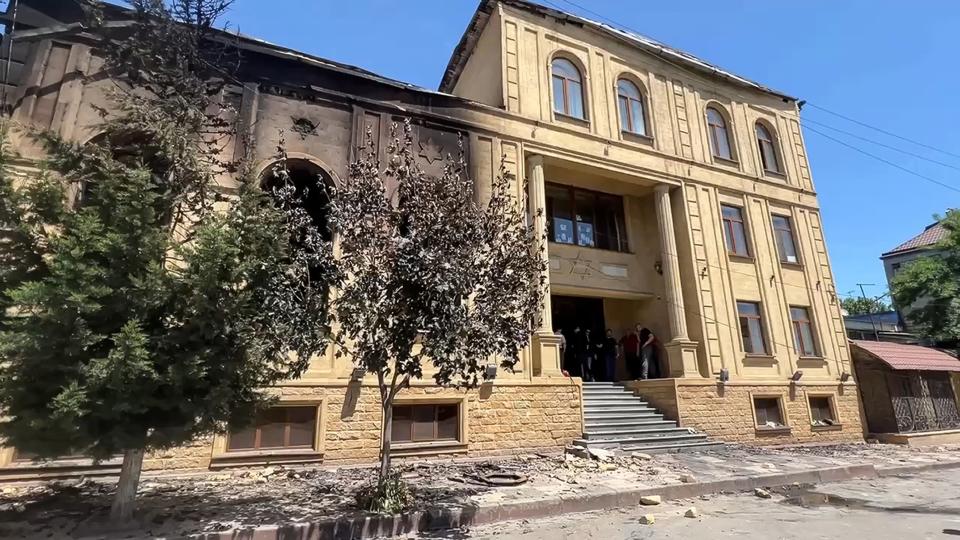 FILE - In this photo taken from video released by The Telegram Channel of the head of the Dagestan Republic of Russia on Monday, June 24, 2024, the damaged Kele-Numaz synagogue in seen in Derbent, Russia. Jews in the predominantly Muslim region of Dagestan in southern Russia say they are determined to regroup and rebuild following a deadly attack by Islamic militants on June 23 on Christian and Jewish houses of worship in Derbent and the regional capital of Makhachkala. (The Telegram Channel of the head of Dagestan Republic of Russia via AP, File)