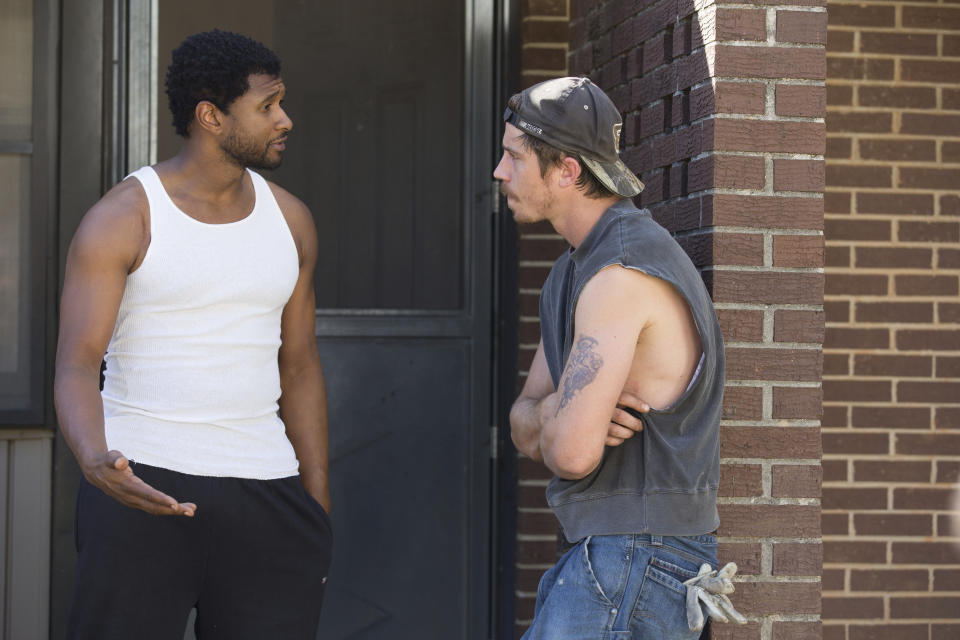 This image released by 101 Studios shows Usher Raymond, left, and Garrett Hedlund in a scene from "Burden. (Mark Hill/101 Studios via AP)