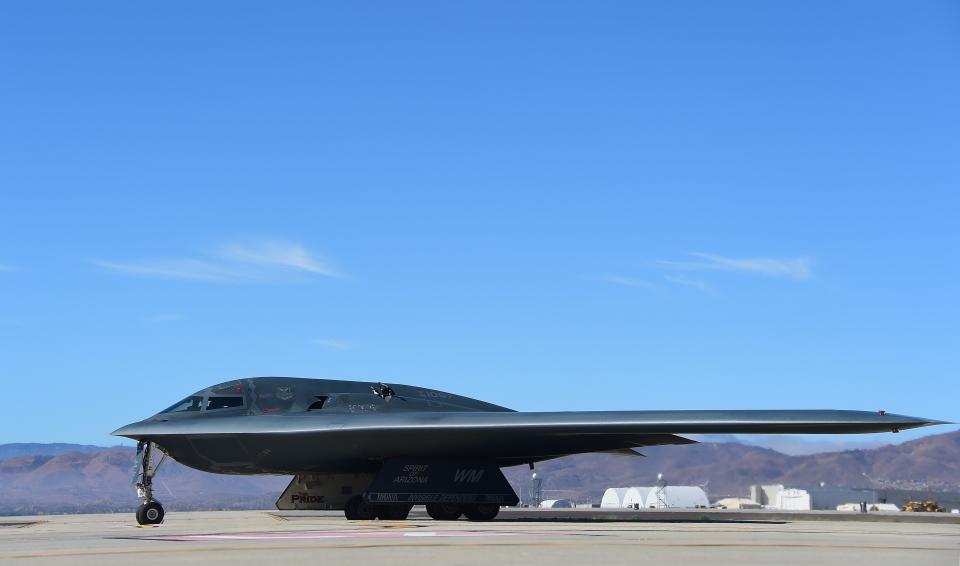 File: A B-2 Stealth Bomber pulls up on the runway after landing at the Palmdale Aircraft Integration Center of Excellence in California in 2014 (AFP via Getty Images)