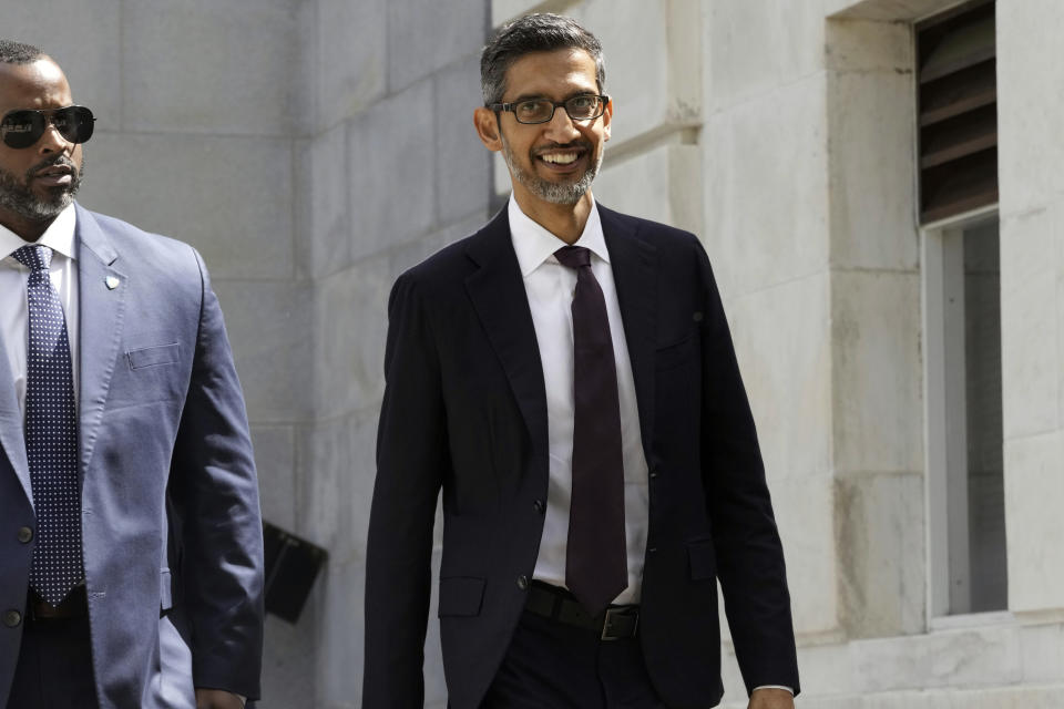 Alphabet/Google CEO Sundar Pichai, center, departs following a closed-door gathering of leading tech CEOs to discuss the priorities and risks surrounding artificial intelligence and how it should be regulated, at Capitol Hill in Washington, Wednesday, Sept. 13, 2023. (AP Photo/Jacquelyn Martin)