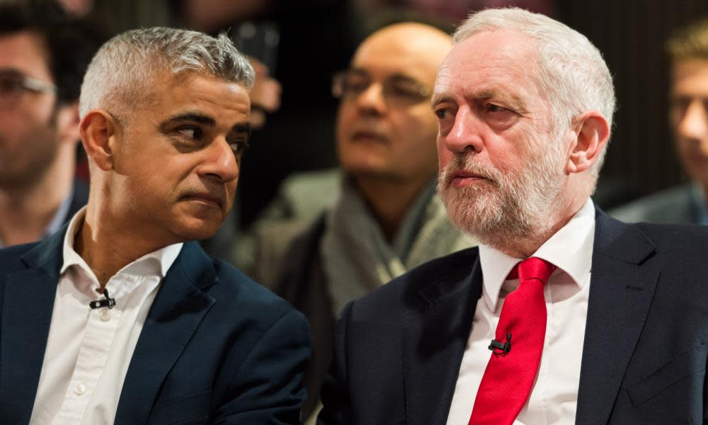 Sadiq Khan and Jeremy Corbyn at a Labour local election campaign rally in London earlier this month.