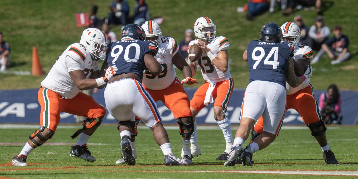 Oct 29, 2022; Charlottesville, Virginia, USA; Miami Hurricanes quarterback Jake Garcia (13) takes the snap in the first half as was the starter against the Virginia Cavaliers Scott Stadium. Mandatory Credit: Lee Luther Jr.-USA TODAY Sports