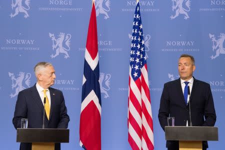 U.S. Secretary of Defence James Mattis and Norwegian Minister of Defense Frank Bakke-Jensen address a press conference at the Ministry of Defence in Olso, Norway, July 14, 2018. Jim Watson/Pool via REUTERS