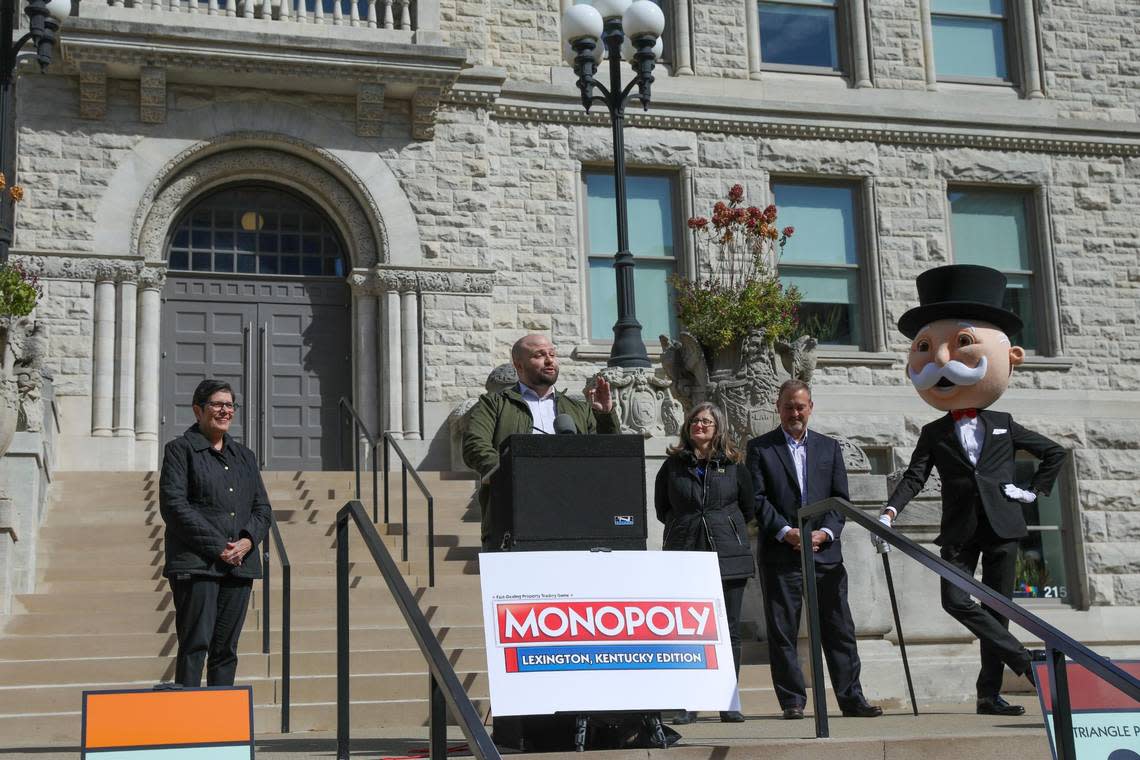 Tim Barney, a representative from Top Trumps USA, speaks during the Monopoly Lexington edition announcement Oct. 20, 2022.