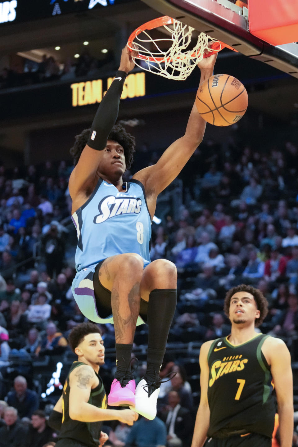 Team Joakim Noah's Jalen Williams, of the Oklahoma City Thunder, dunks during an NBA Rising Stars semifinal basketball game against Team Jason Terry, Friday, Feb. 17, 2023, in Salt Lake City. (AP Photo/Rick Bowmer)