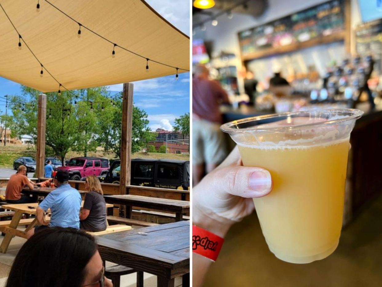 Outdoor seating and a beer from Armored Cow Brewing in Charlotte, North Carolina