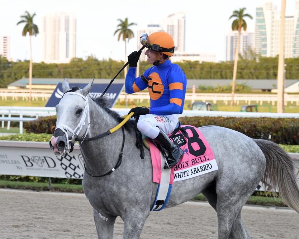 Jockey Corey Lanerie celebrates aboard White Abarrio after winning the Grade 3 Holy Bull on Feb. 5 at Gulfstream Park.