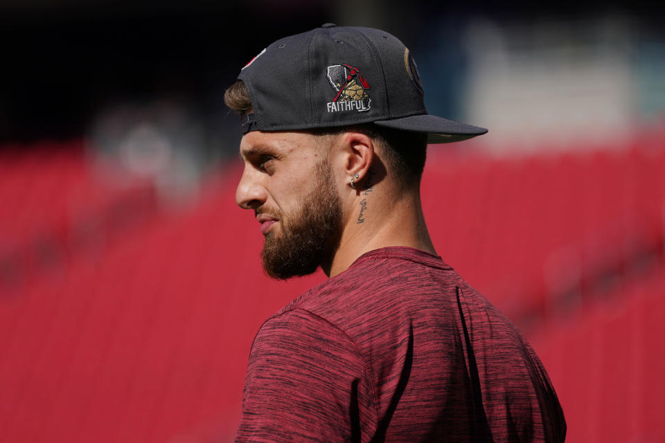 Sep 9, 2024; Santa Clara, California, USA;  San Francisco 49ers wide receiver Ricky Pearsall (14) enters the field before a game against the New York Jets at Levi's Stadium. Mandatory Credit: David Gonzales-Imagn Images