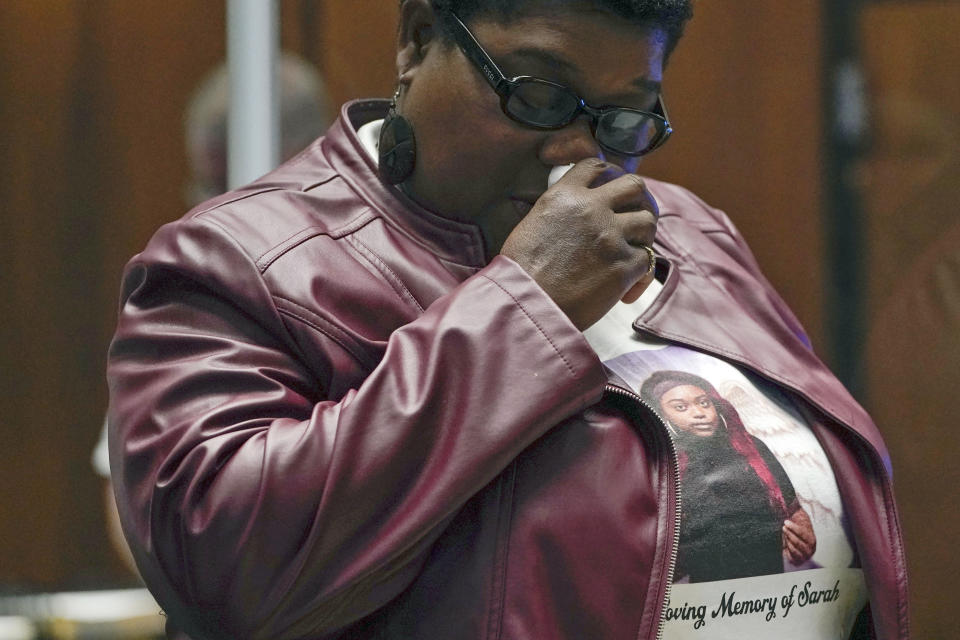 Laverne Butler, mother of Sarah Butler, wears a shirt with her daughter's picture as she gives a victim impact statement during the sentencing for Khalil Wheeler-Weaver in Newark, N.J., Wednesday, Oct. 6, 2021. Wheeler-Weaver, a New Jersey man who used dating apps to lure three women, including Sarah Butler, to their deaths and attempted to kill a fourth woman, five years ago was sentenced to 160 years in prison on Wednesday, as he defiantly proclaimed his innocence. (AP Photo/Seth Wenig, Pool)