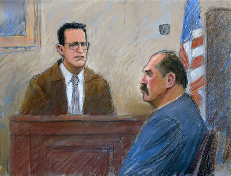 Arthur Rathburn, convicted of defrauding customers by supplying infected body parts and transporting hazardous materials, listens to testimony from Steve Gore, former owner of body broker Biological Resource Center of Arizona, at his trial in Detroit, Michigan, U.S. January 10, 2018 in this court sketch. REUTERS/Jerry Lemenu