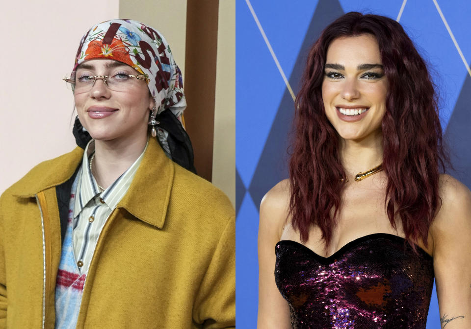 Billie Eilish appears at the 96th Academy Awards Oscar nominees luncheon in Beverly Hills, Calif., on Feb. 12, 2024, left, and Dua Lipa appears at the world premiere of the film "Argylle" in London on Jan. 24, 2024. The pair have songs on the "Barbie" film soundtrack. (AP Photo)