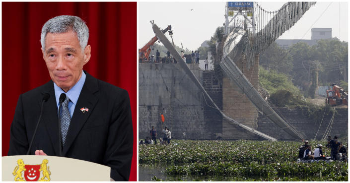 Prime Minister Lee Hsien Loong (left) sends condolences to his India counterpart Narendra Modi on the collapse of a foot bridge in the town of Mobri that killed 135. (PHOTOS: Reuters/Getty Images)