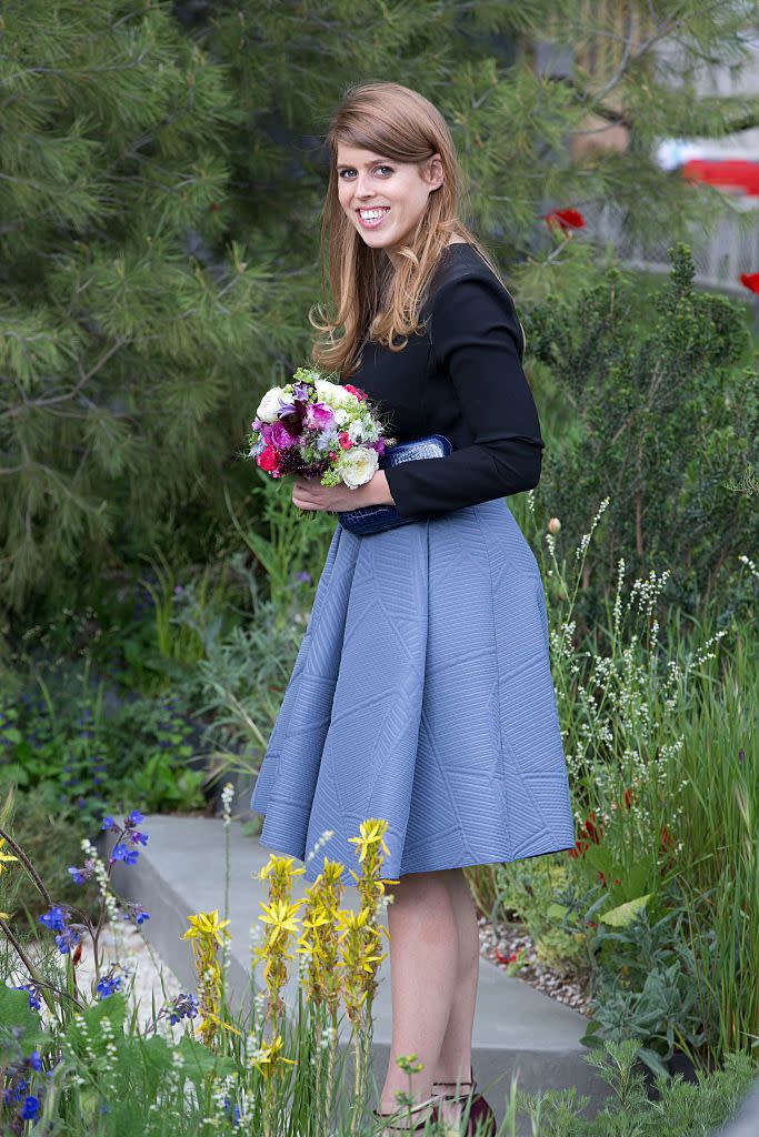 <p>Princess Beatrice looked regal in this periwinkle skirt and black blouse while attending the Chelsea Flower Show press day.</p>