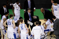 Head coach John Calipari of the Kentucky Wildcats talks to his team in the second half while taking on the Kansas Jayhawks in the National Championship Game of the 2012 NCAA Division I Men's Basketball Tournament at the Mercedes-Benz Superdome on April 2, 2012 in New Orleans, Louisiana. (Photo by Chris Graythen/Getty Images)