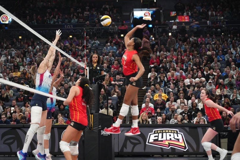 Feb 21, 2024; Columbus, Ohio, USA; Outside hitter Asjia O'Neal spikes a ball at the Columbus Fury home game against the Omaha Supernovas at Nationwide Arena.