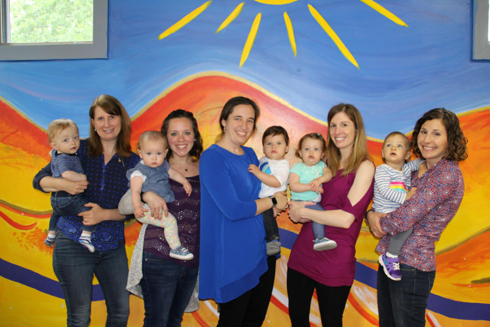 Left to right Kristen holding Adam, Kristin holding Layla, Micki holding Colton, Amie holding Penelope, Celeste holding Annarose [Photo: SWNS]