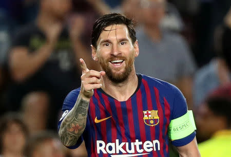 Foto del martes del delantero del Barcelona Lionel Messi celebrando tras marcar el 4-0 sonre PSV Eindhoven. Sep 18, 2018 REUTERS/Sergio Perez