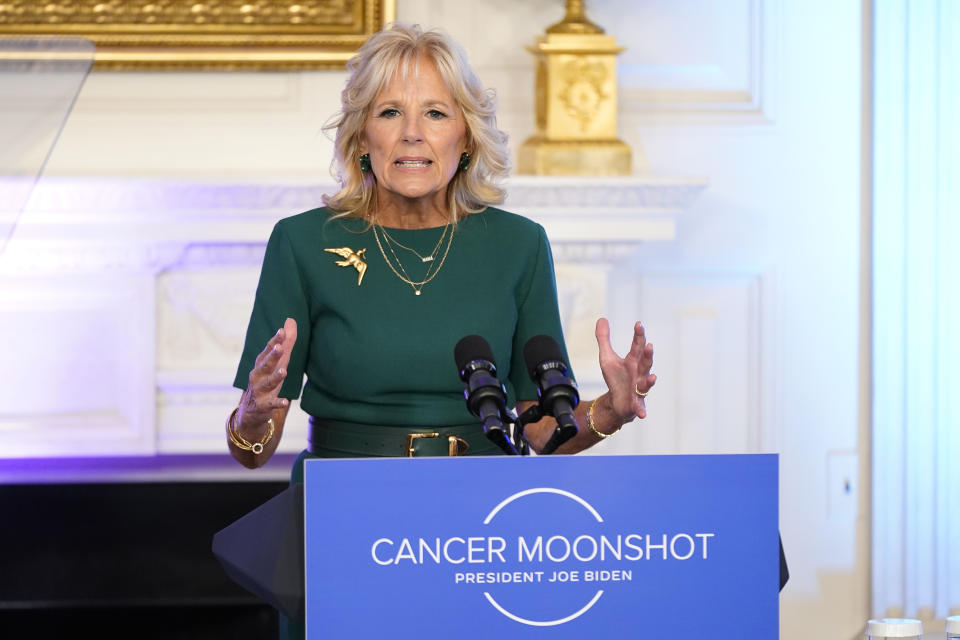 FILE - First lady Jill Biden speaks during an event to launch the American Cancer Society's national roundtables on breast and cervical cancer in the State Dining Room of the White House, Oct. 24, 2022, in Washington. (AP Photo/Patrick Semansky, File)