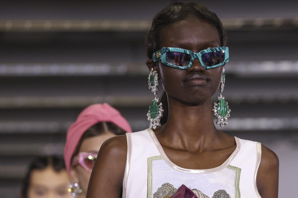 A model wears a creation for the Giambattista Valli ready-to-wear Spring/Summer 2023 fashion collection presented Friday, Sept. 30, 2022 in Paris. (Photo by Vianney Le Caer/Invision/AP)