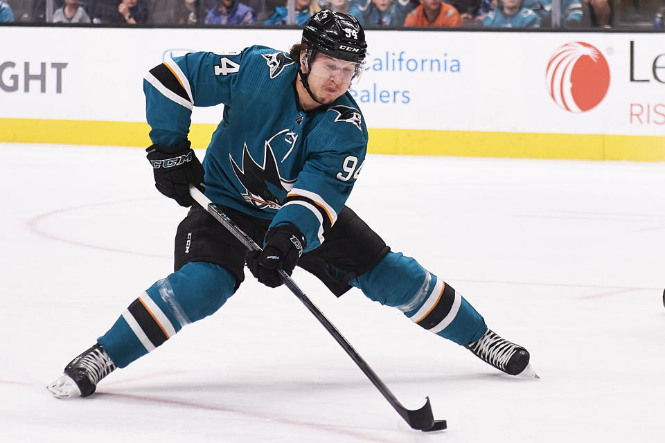 San Jose Sharks left wing Alexander Barabanov (94) is showing his fantasy hockey worth