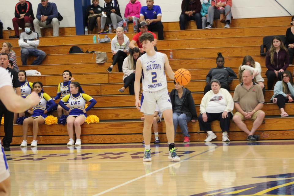 Freshman Defender Landen Harwood sets up his next scoring shot for Lake Worth Christian.