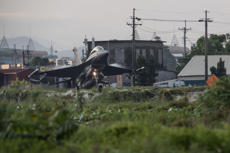 Handout of Taiwan’s fighter jets take-off and landing drill on a highway during annual Han Kuang drill in Pingtung