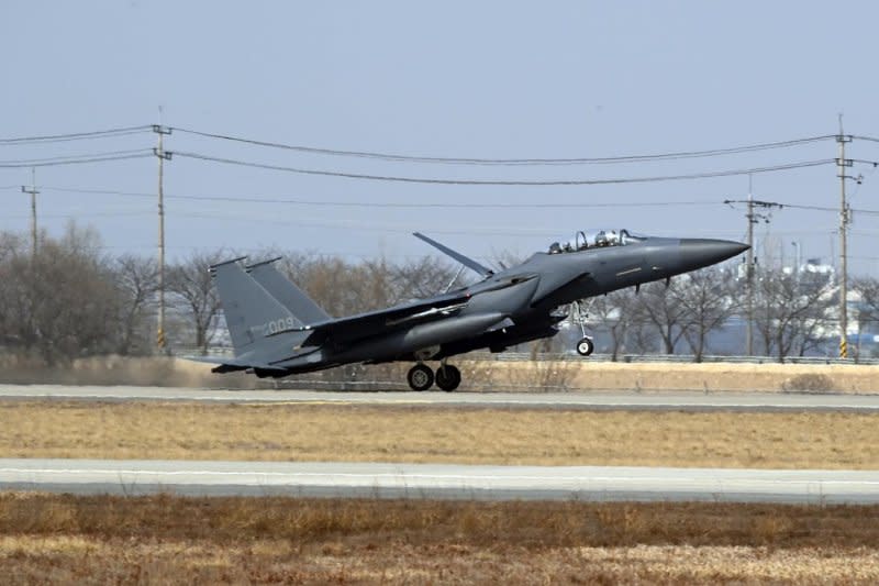 A South Korean Air Force F-15K fighter jet lands at Osan Air Base on Monday. The U.S. and South Korean Air Forces began a joint air training exercise on the same day as Freedom Shield. Photo courtesy of Republic of Korea Air Force