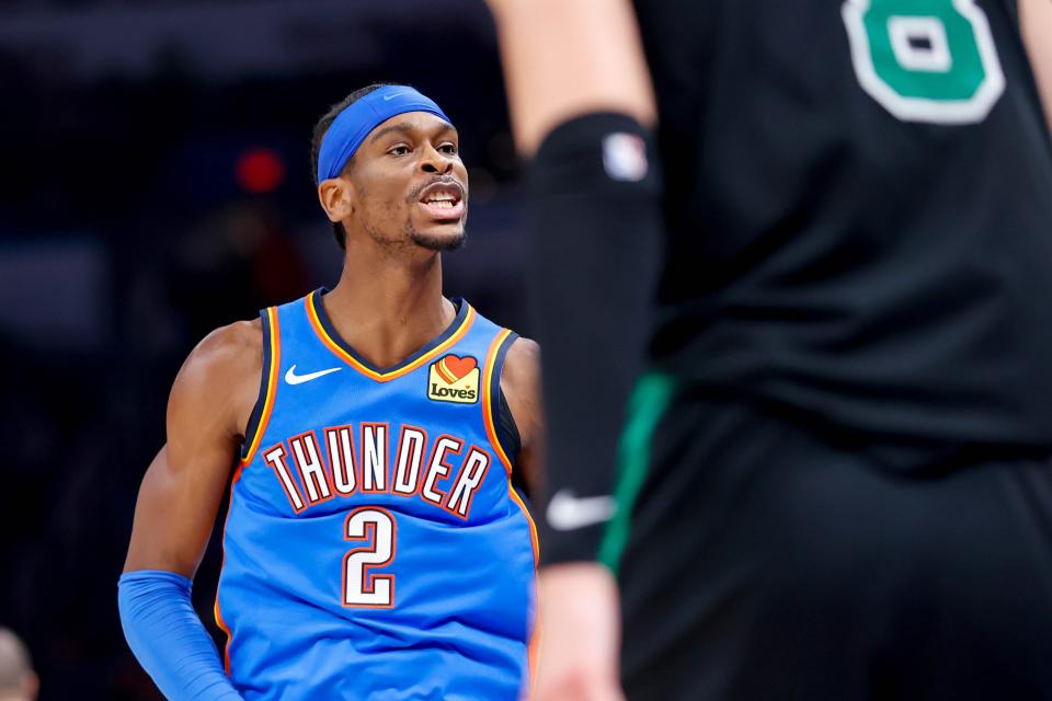 Oklahoma City guard Shai Gilgeous-Alexander (2) celebrates a 3-point play in the third quarter during an NBA game between the Oklahoma City Thunder and the Boston Celtics at the Paycom Center in Oklahoma City, on Tuesday, Jan. 2, 2024.