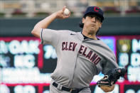 Cleveland Indians pitcher Cal Quantrill throws to a Minnesota Twins batter during the first inning of a baseball game Wednesday, Sept. 15, 2021, in Minneapolis. (AP Photo/Jim Mone)