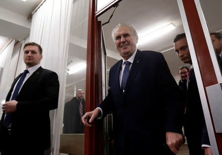 Czech President Milos Zeman arrives to cast a vote during the country's direct presidential election at a polling station in Prague, the Czech Republic January 12, 2018. REUTERS/David W Cerny