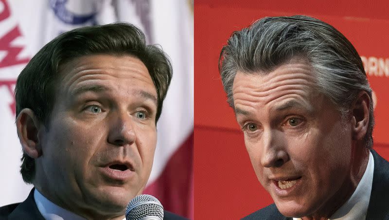 In this combination of photos, Republican presidential candidate Florida Gov. Ron DeSantis, left, speaks on Sept. 16, 2023, in Des Moines, Iowa, and California Gov. Gavin Newsom, right, speaks on Sept. 12, 2023, in Sacramento, Calif.
