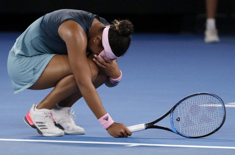 Japan's Naomi Osaka reacts after losing point to Petra Kvitova of the Czech Republic during the women's singles final at the Australian Open tennis championships in Melbourne, Australia, Saturday, Jan. 26, 2019. (AP Photo/Mark Schiefelbein)