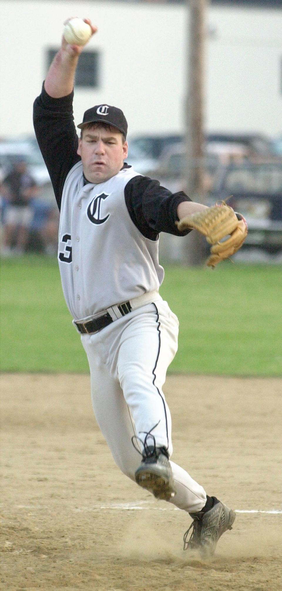 In this Erie Times-News file photo, Hugh Hillhouse pitches for Carpetowne in a 2001 game against Budweiser. Hillhouse will be inducted into the Metropolitan Erie Sports Hall of Fame on June 28.