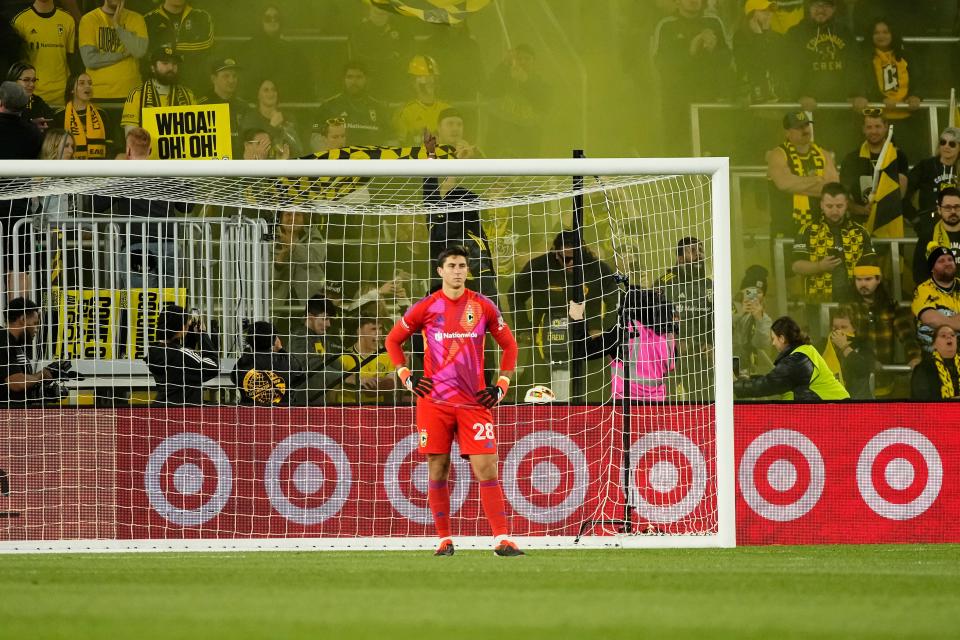May 11, 2024; Columbus, OH, USA; Columbus Crew goalkeeper Patrick Schulte (28) stands in net after a goal by forward Max Arftsen during the second half of the MLS soccer game against FC Cincinnati at Lower.com Field. The Crew lost 2-1.