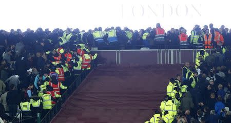 Football Soccer Britain - West Ham United v Chelsea - EFL Cup Fourth Round - London Stadium - 26/10/16 West Ham and Chelsea fans clash after the match Reuters / Eddie Keogh Livepic