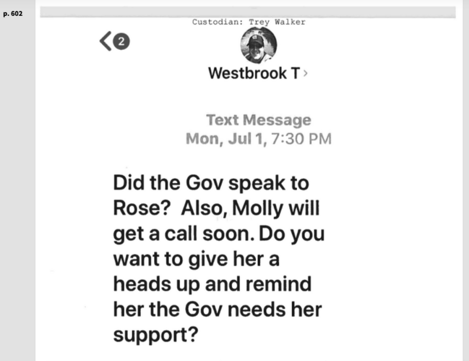 A text message between USC trustee Thad Westbrook and Trey Walker, the chief of staff for Gov. Henry McMaster during the 2019 presidential search.