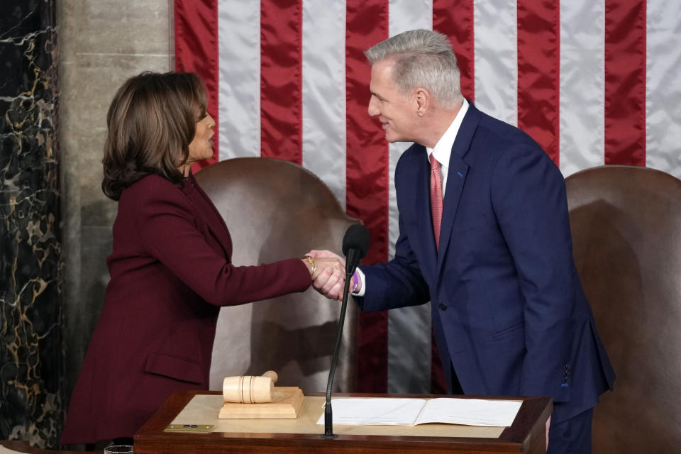 Vice President Kamala Harris shakes hands with House Speaker Kevin McCarthy of Calif., as they arrive before President Joe Biden delivers the State of the Union address to a joint session of Congress at the U.S. Capitol, Tuesday, Feb. 7, 2023, in Washington. (AP Photo/Patrick Semansky)