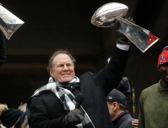 Bill Belichick lifts the Lombardi Trophy after Super Bowl LI