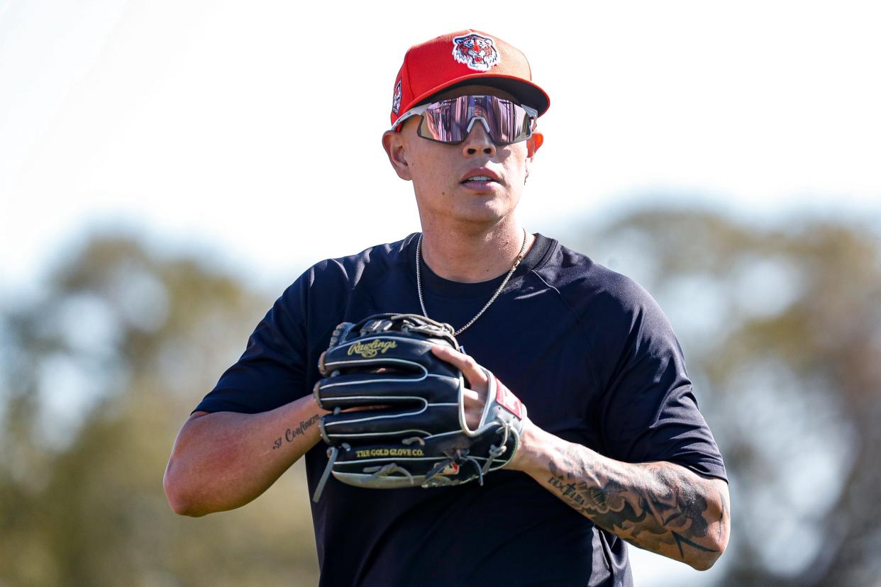 Tigers infielder Gio Urshela looks on during spring training at TigerTown in Lakeland, Florida. on Friday, Feb. 23, 2024.