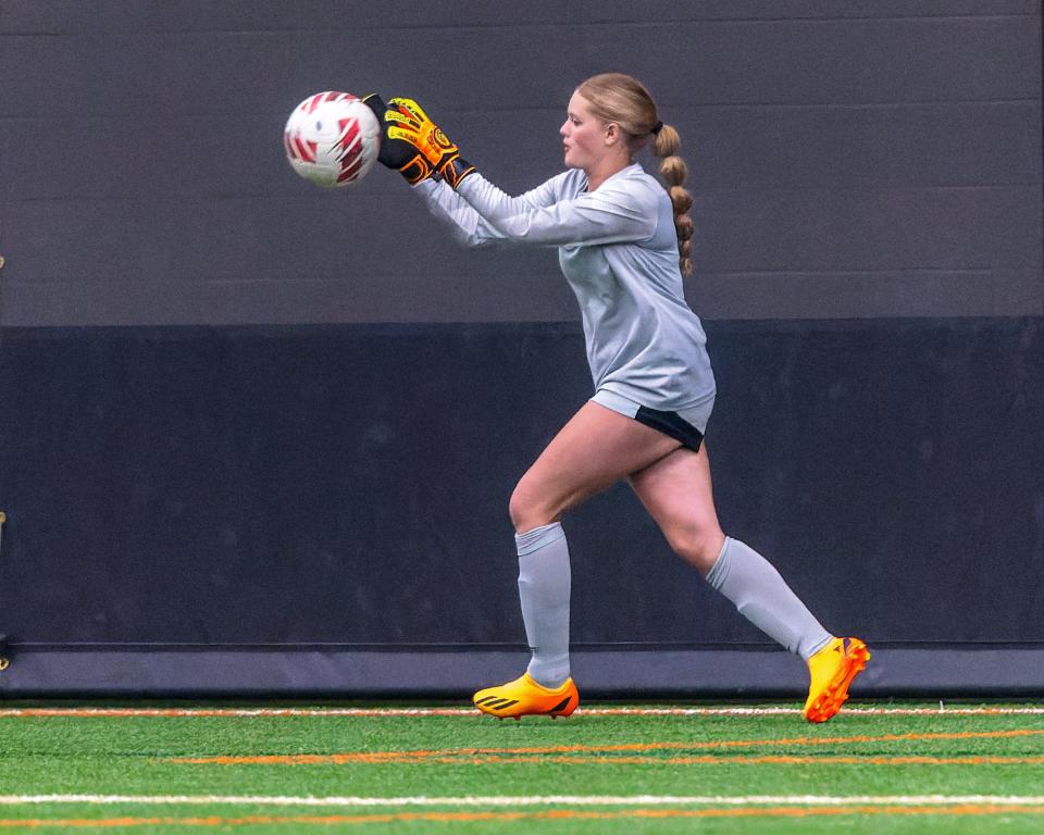 Brighton freshman goalie Anna Brown-Nall made seven saves during a 0-0 tie with Hartland Tuesday, May 7, 2024.