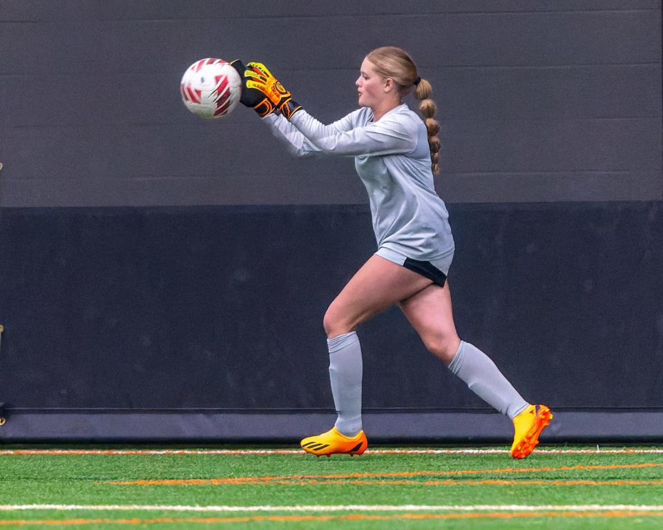 Brighton freshman goalkeeper Anna Brown-Nall made seven saves during a 0-0 draw with Hartland on Tuesday, May 7, 2024.